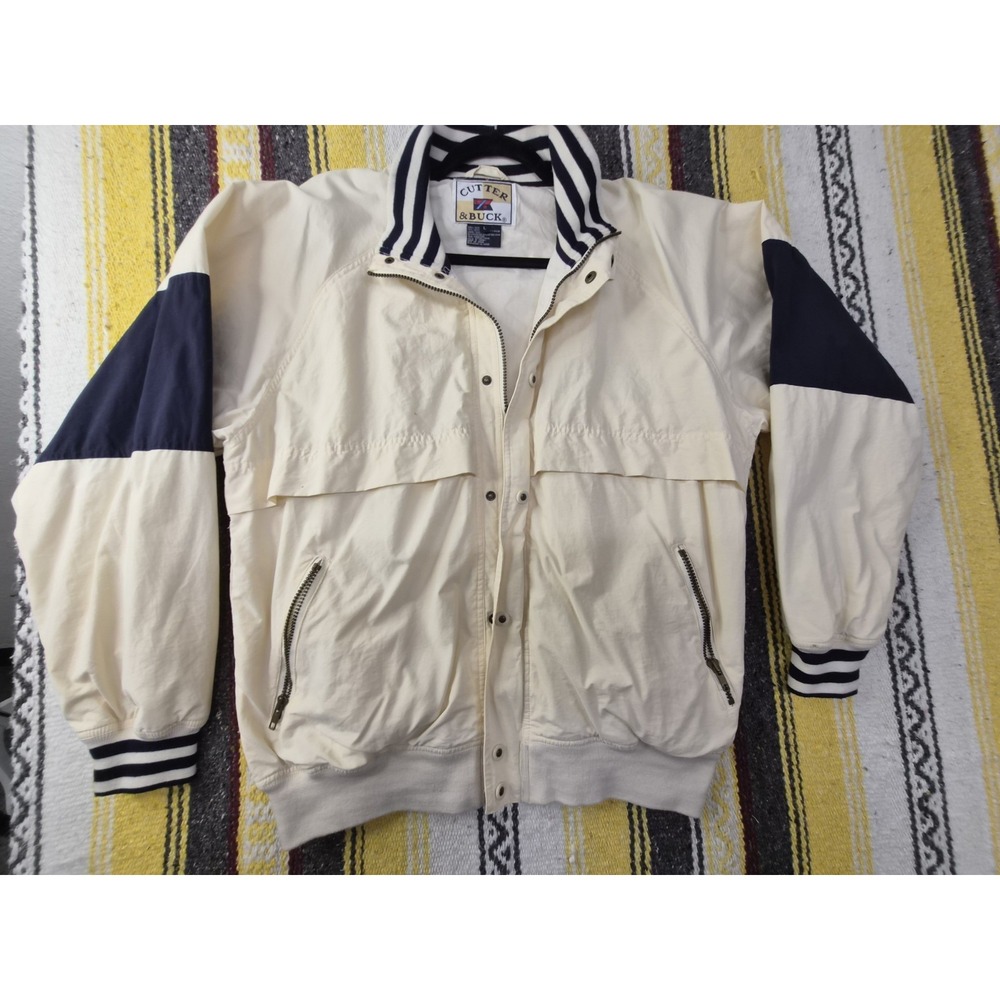 VTG CUTTER & BUCK Jacket Men's Large Beige Full Zip Embroidered Logo Zip Pockets